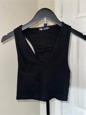Zara Black Ribbed V-Neck Crop Tank